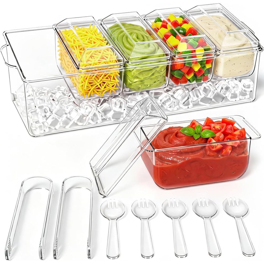 Garnish Tray Set - ถาดใส่เครื่องปรุงรส, ถาดแช่เย็นสำหรับใช้ในบ้าน, งานเลี้ยง, งานเฉลิมฉลอง, ที่ใส่เครื่องปรุงสำหรับบาร์บนน้ำแข็ง, อุปกรณ์เสริมพร้อมถาดและฝาปิดที่ถอดออกได้