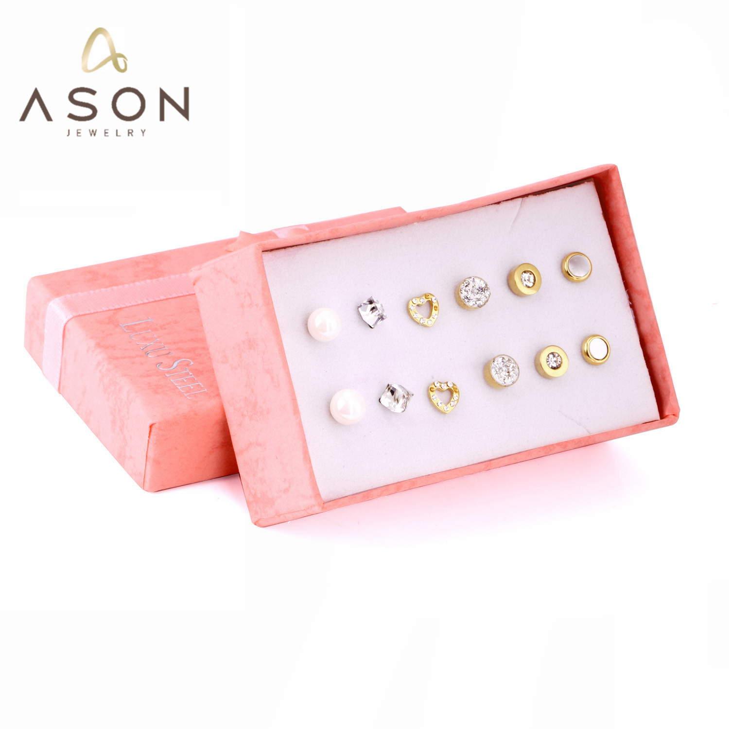 Bar Cart Gold - ASONSTEEL 6คู่/กล่องรอบ Cubic Zirconia ต่างหูชุดทองสีสแตนเลสผู้หญิงเครื่องประดับเจาะ